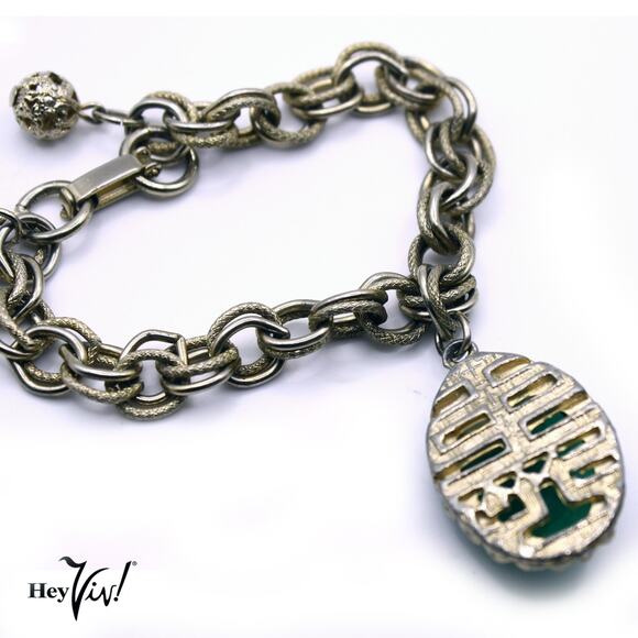 Vintage Oriental Asian Style Charm Bracelet Green Oval Dangle 7" Chain - Hey Viv - Picture 4 of 8